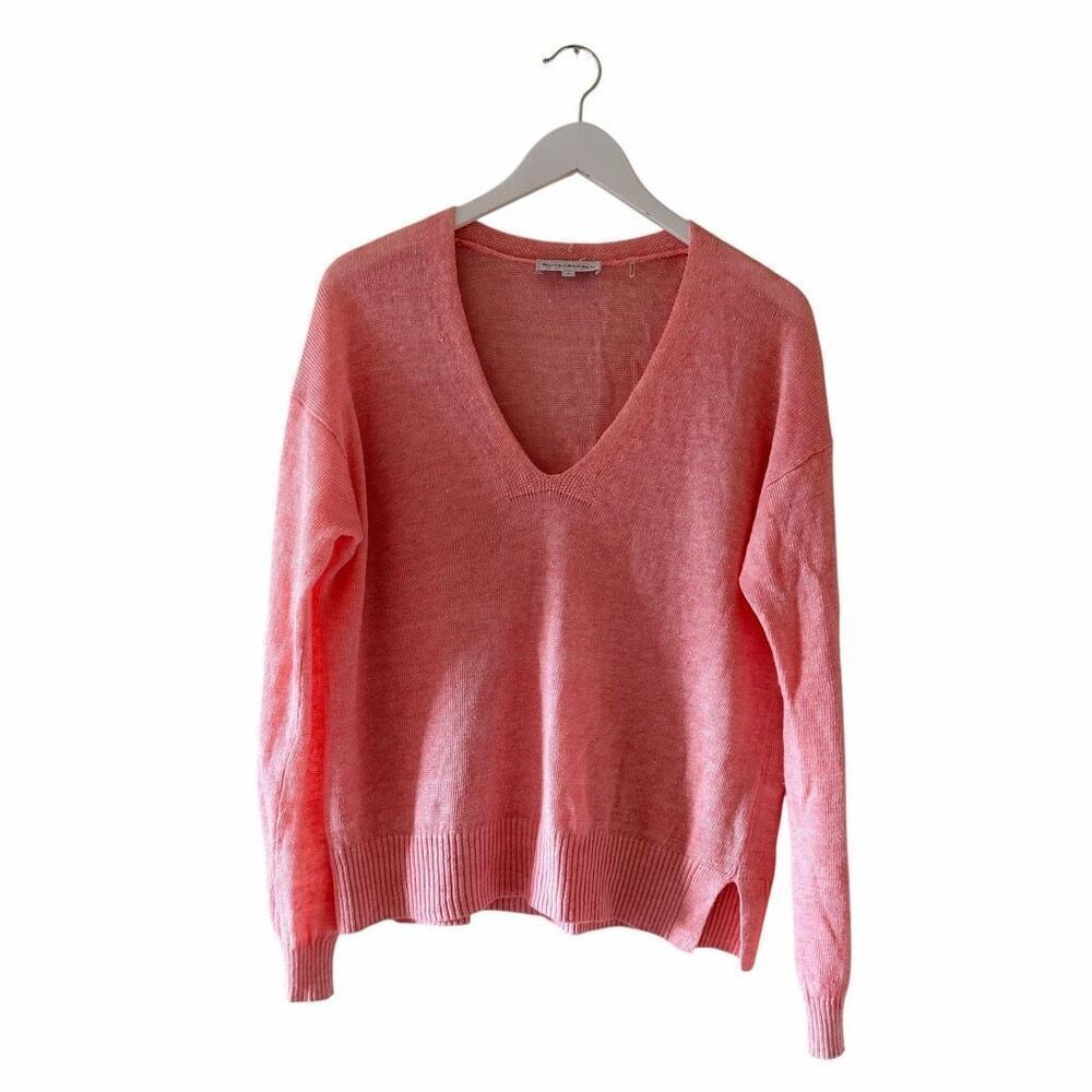 White + Warren Linen Balletcore Salmon V Neck Knit Sweater SZ M # 2580